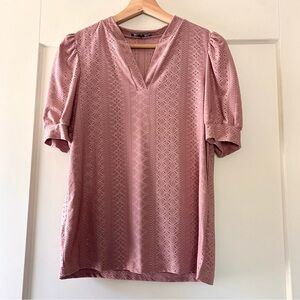 Eyelet V-Neck Puff Sleeve Blouse in Dusty Rose size S
